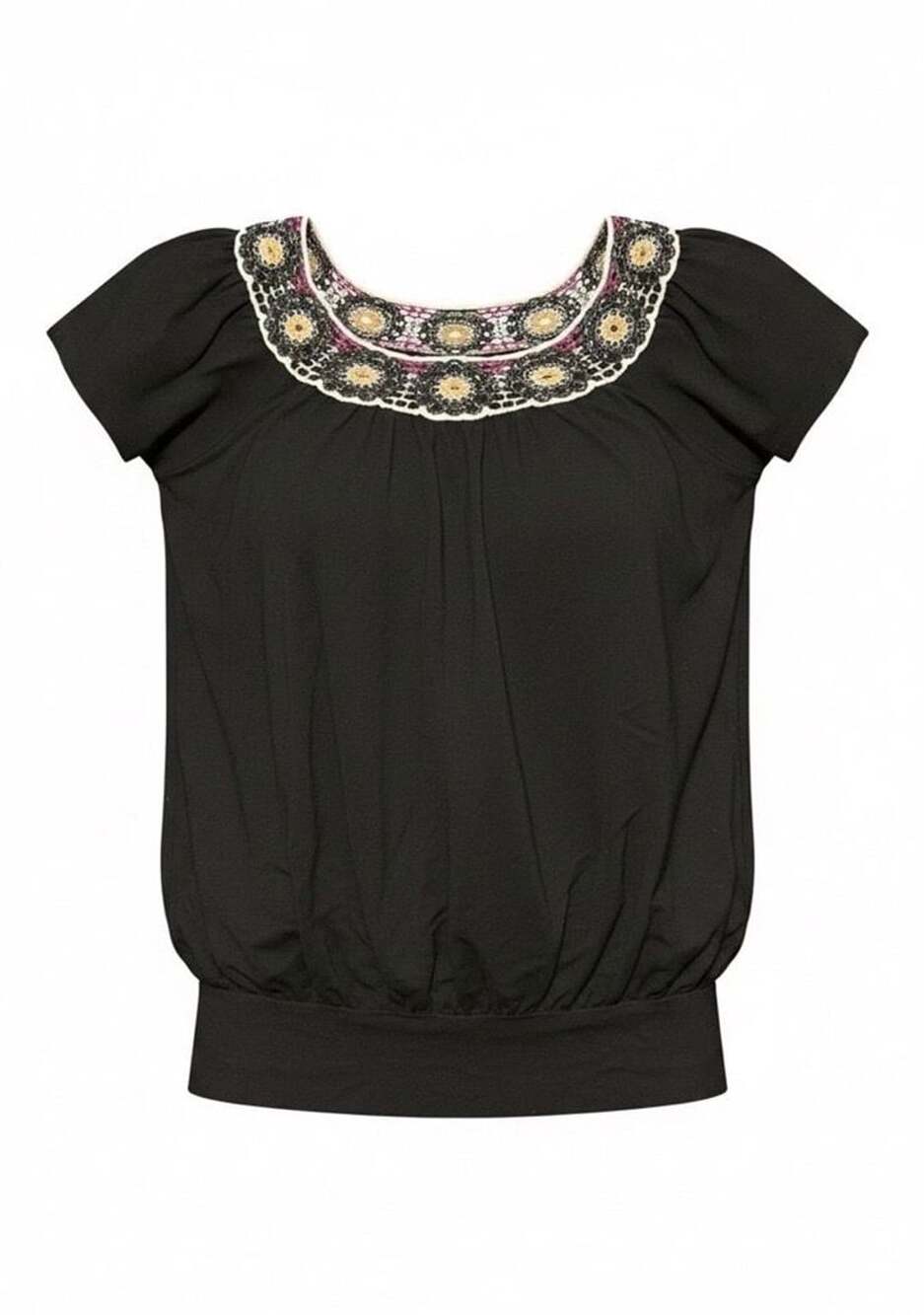 Daytrip Women's Black Crochet Floral Neckline Cap Sleeve Tunic Top Size Small